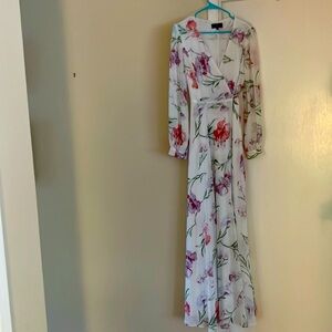 Lulus Loving You Floral Print Sheer Long Sleeve True Wrap Maxi Dress White
